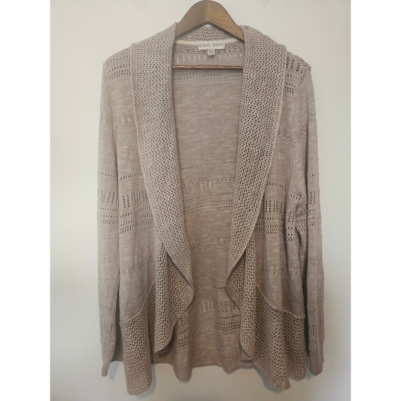 Knox Rose Sweaters - Boho Knox Rose Open Front Cardigan Women XXL Taupe Pointelle Knit Shawl Collar